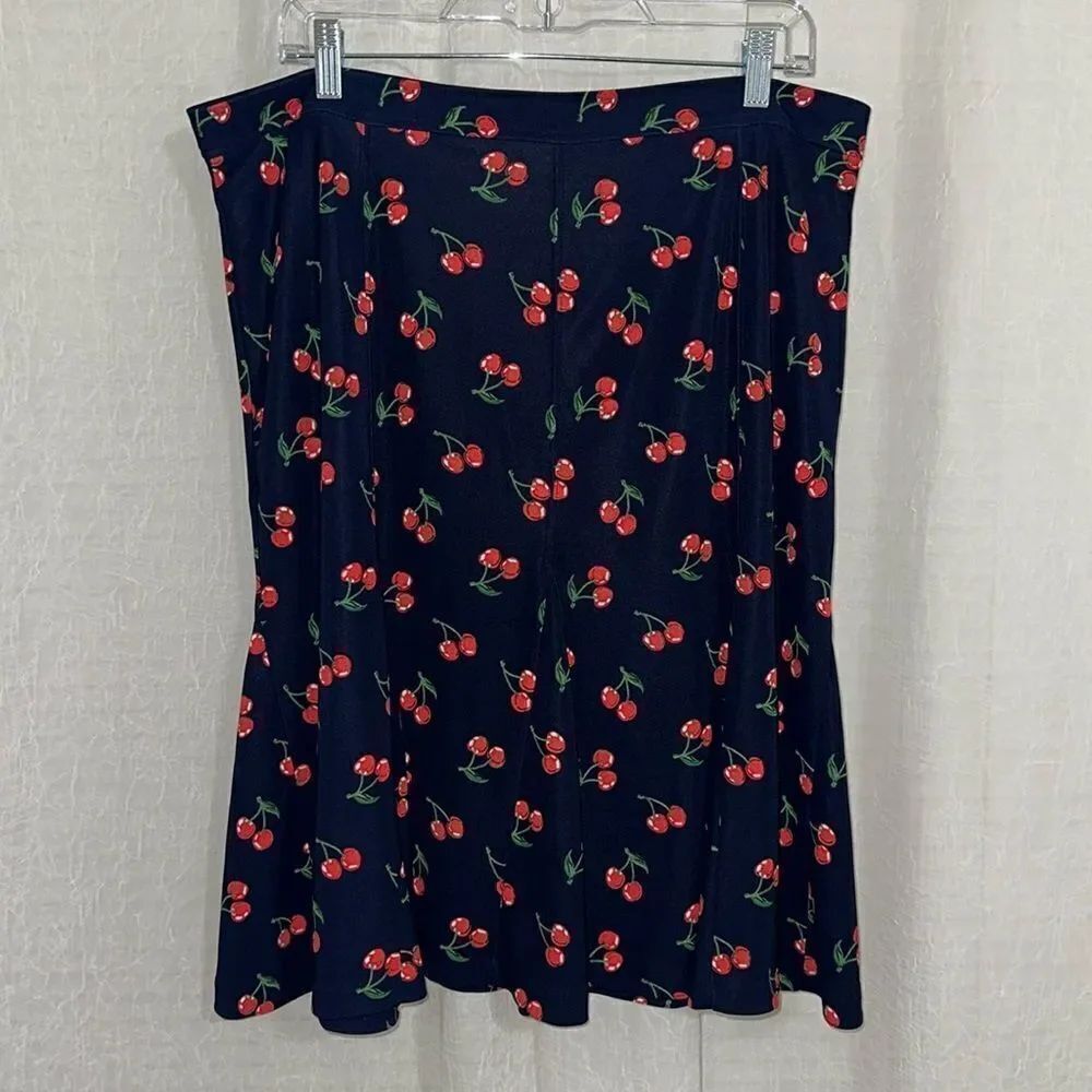 TALBOTS 14 Navy Red Green White Novelty Cherry Print Full Skirt